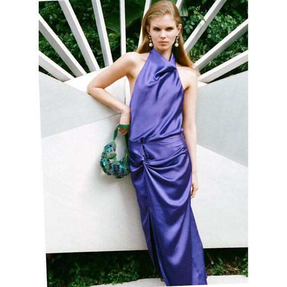 ZARA Womens Purple Satin Knot Midi Skirt High Waist Slit Blogger Favorite Size M - Picture 1 of 10
